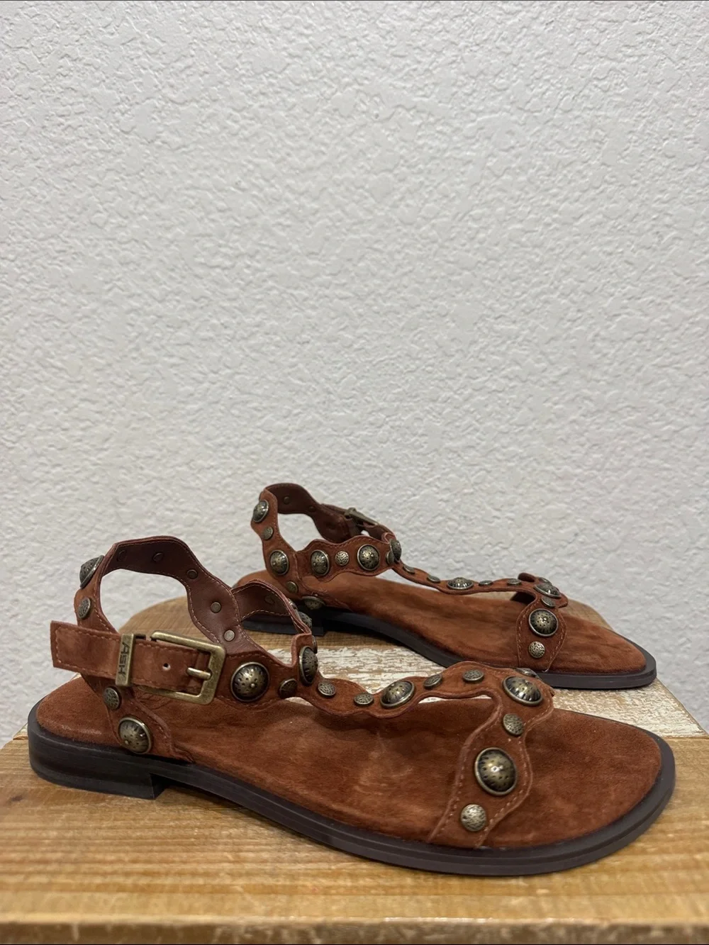 A.S.H. Phanny Suede Studded T Strap Sandal Size 38/ 7.5-8